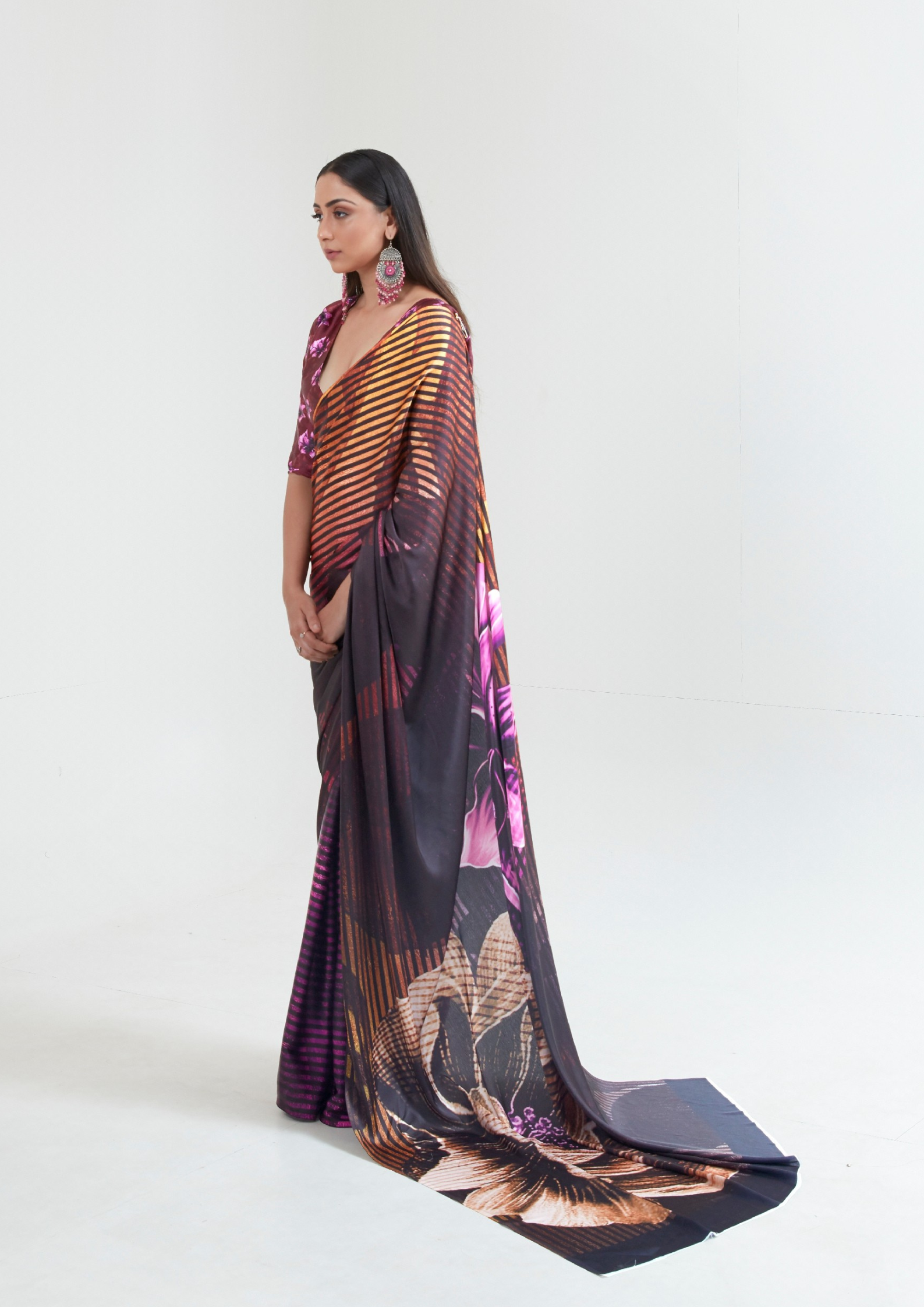 Purple and Orange Digital Print Saree