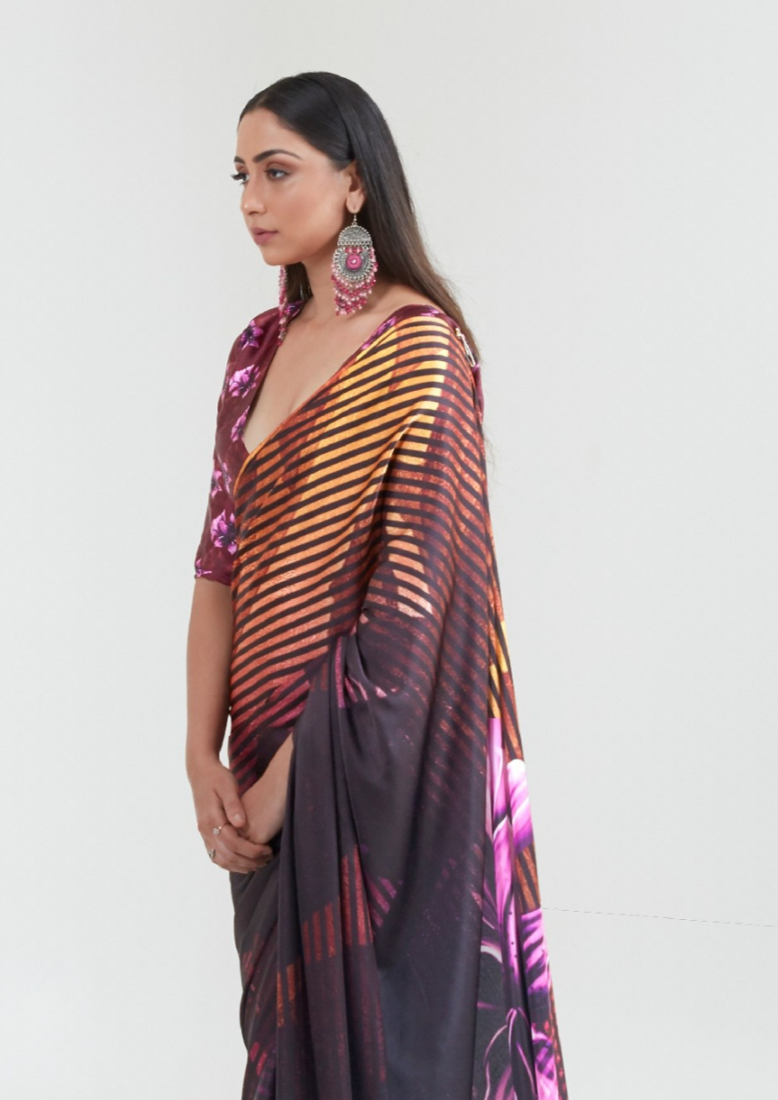 Purple and Orange Digital Print Saree