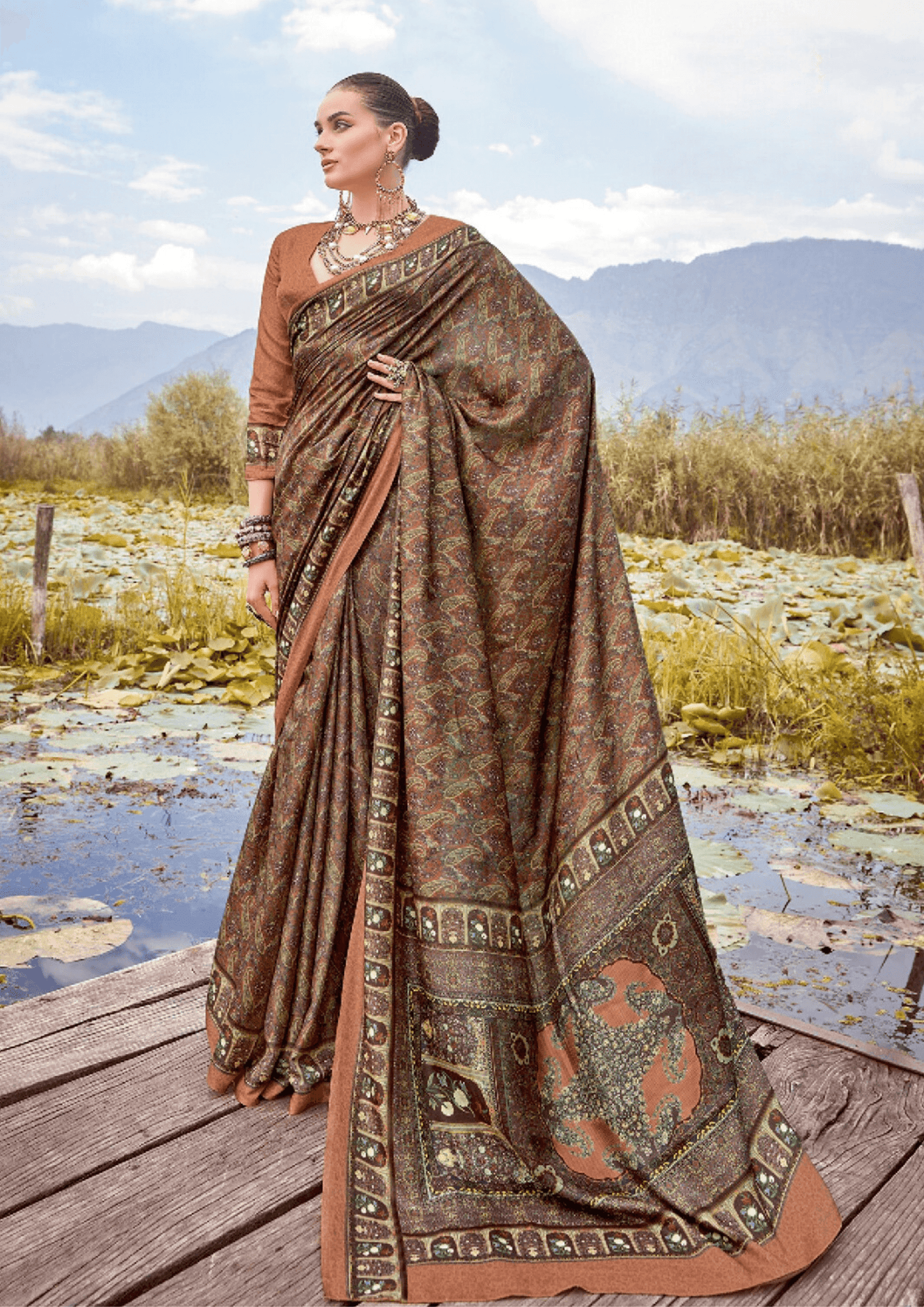 Saree Light Chocolate Brown Pashmina Print Saree - SaviDurga