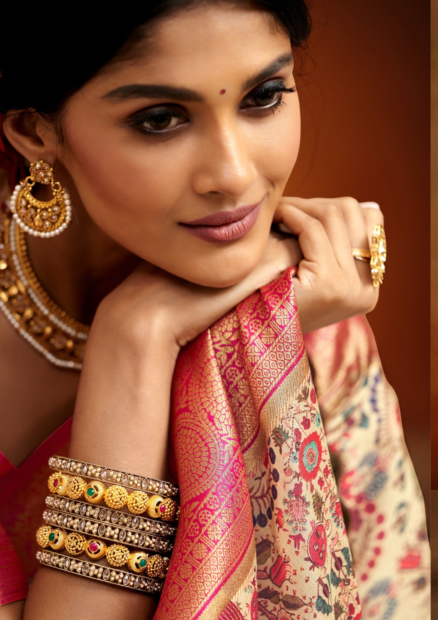 Tusser Silk Kalamkari Border White and Pink Banarsi Saree