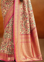 Tusser Silk Kalamkari Border White and Pink Banarsi Saree