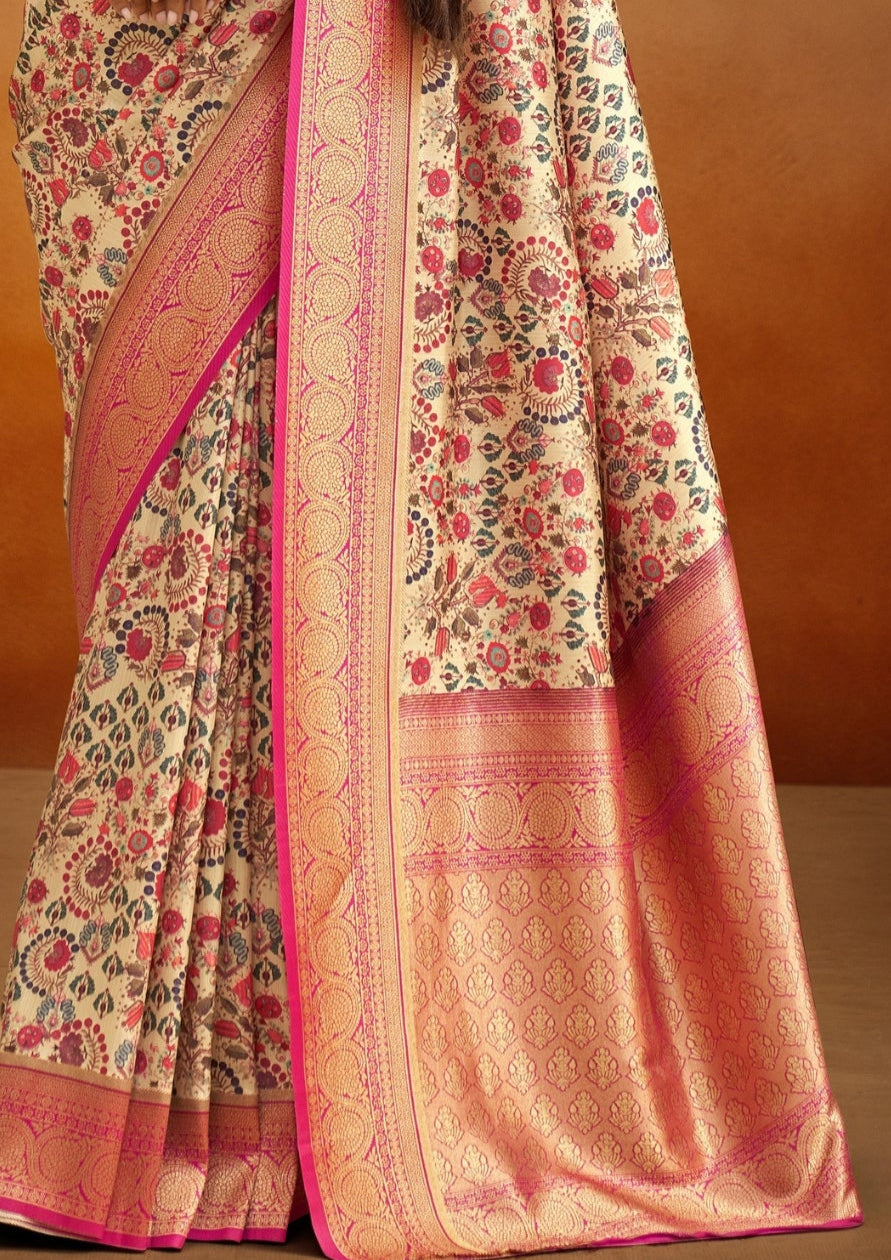 Tusser Silk Kalamkari Border White and Pink Banarsi Saree