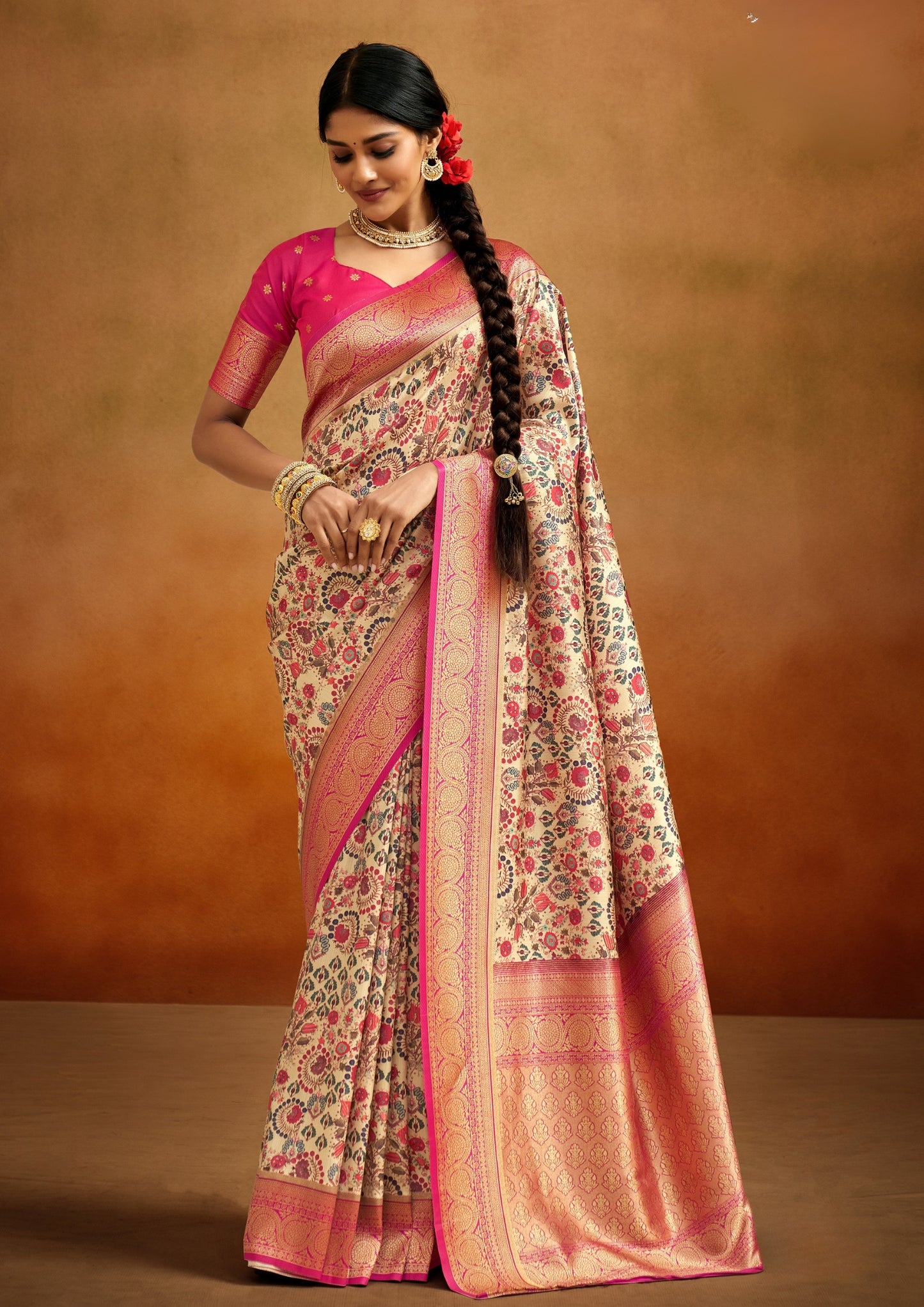 Tusser Silk Kalamkari Border White and Pink Banarsi Saree