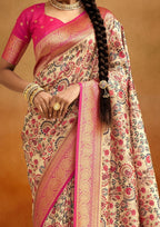 Tusser Silk Kalamkari Border White and Pink Banarsi Saree