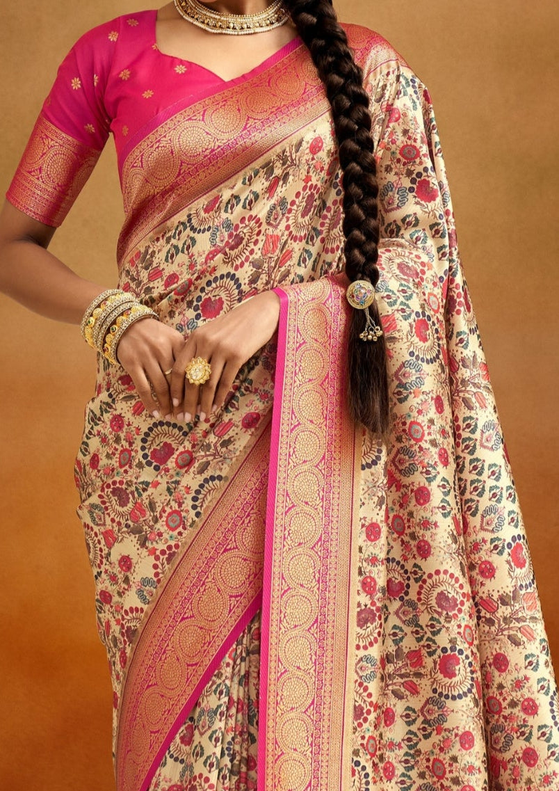 Tusser Silk Kalamkari Border White and Pink Banarsi Saree