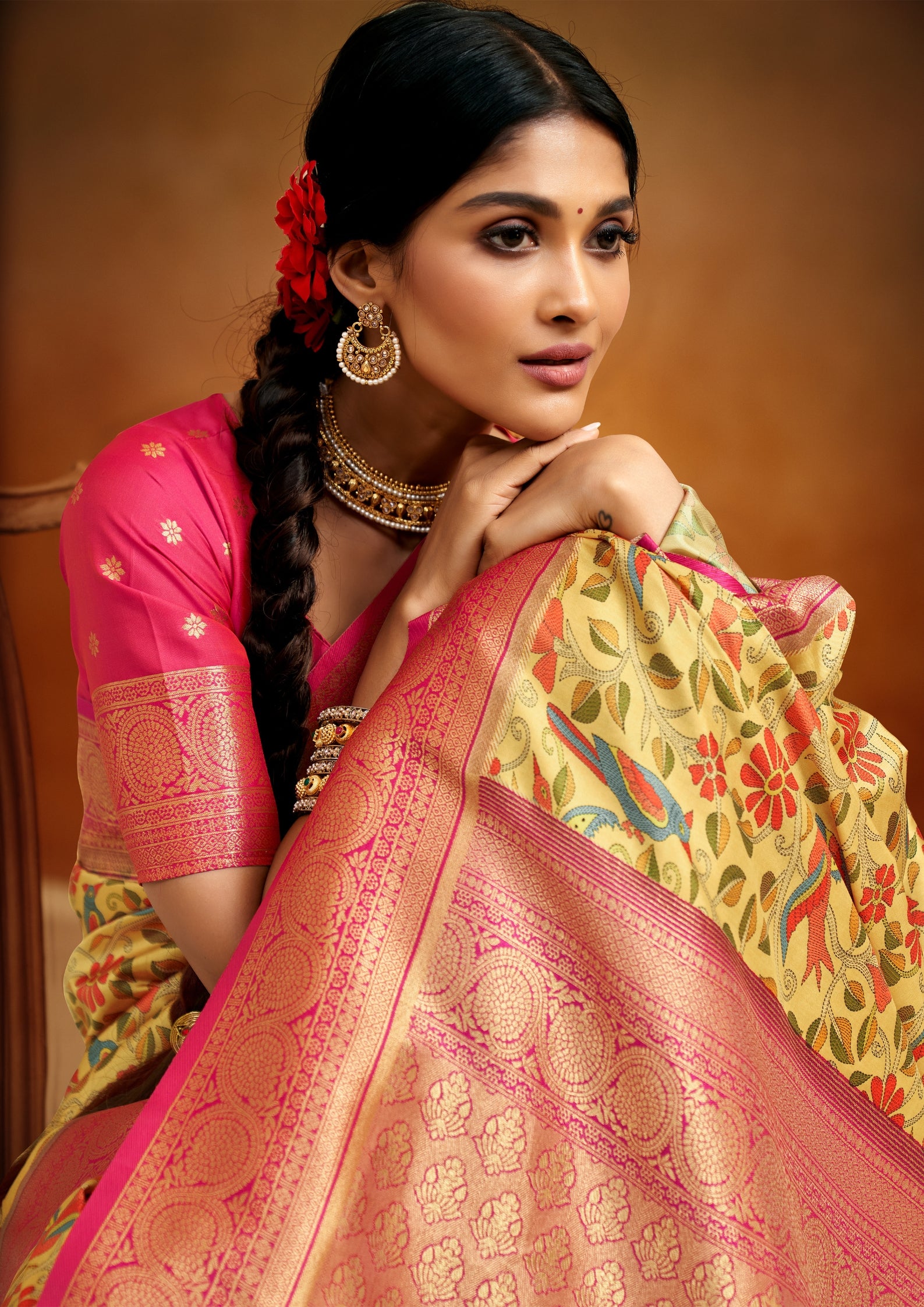 Tusser Silk Kalamkari Border Yellow and Pink Banarsi Saree