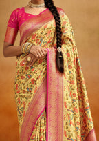 Tusser Silk Kalamkari Border Yellow and Pink Banarsi Saree