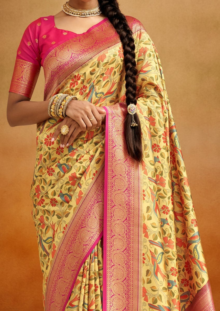 Tusser Silk Kalamkari Border Yellow and Pink Banarsi Saree