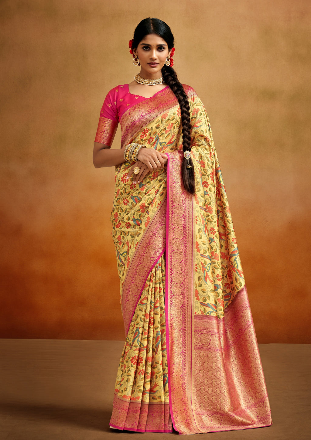 Tusser Silk Kalamkari Border Yellow and Pink Banarsi Saree