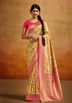 Tusser Silk Kalamkari Border Yellow and Pink Banarsi Saree