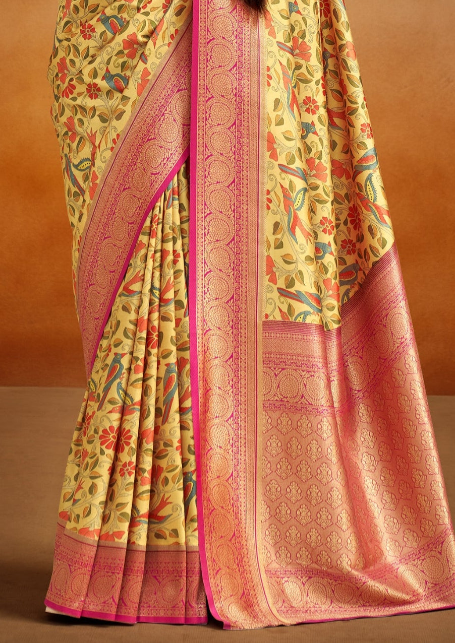 Tusser Silk Kalamkari Border Yellow and Pink Banarsi Saree