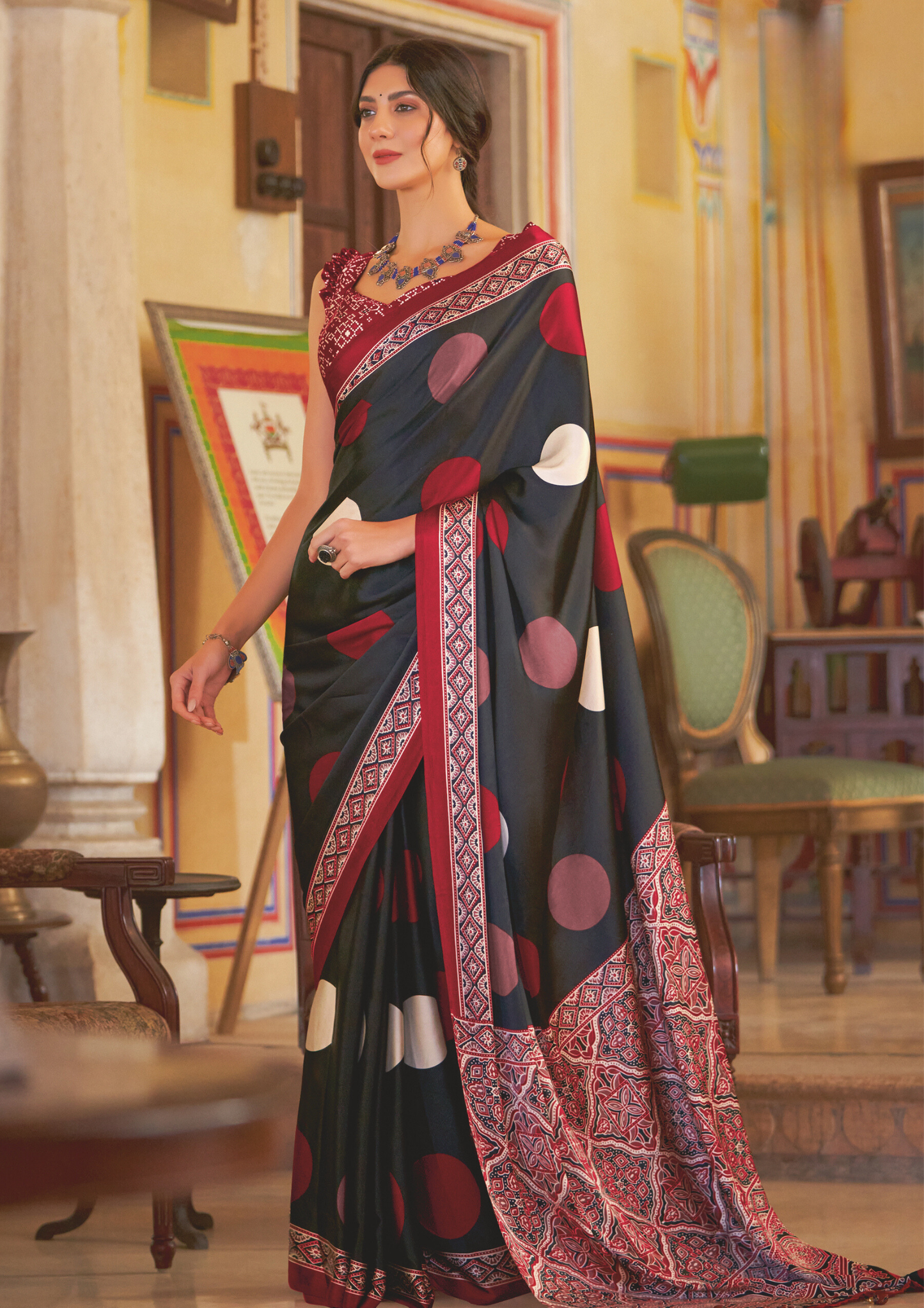 Beautiful Black Polka Dots Satin Saree - SaviDurga