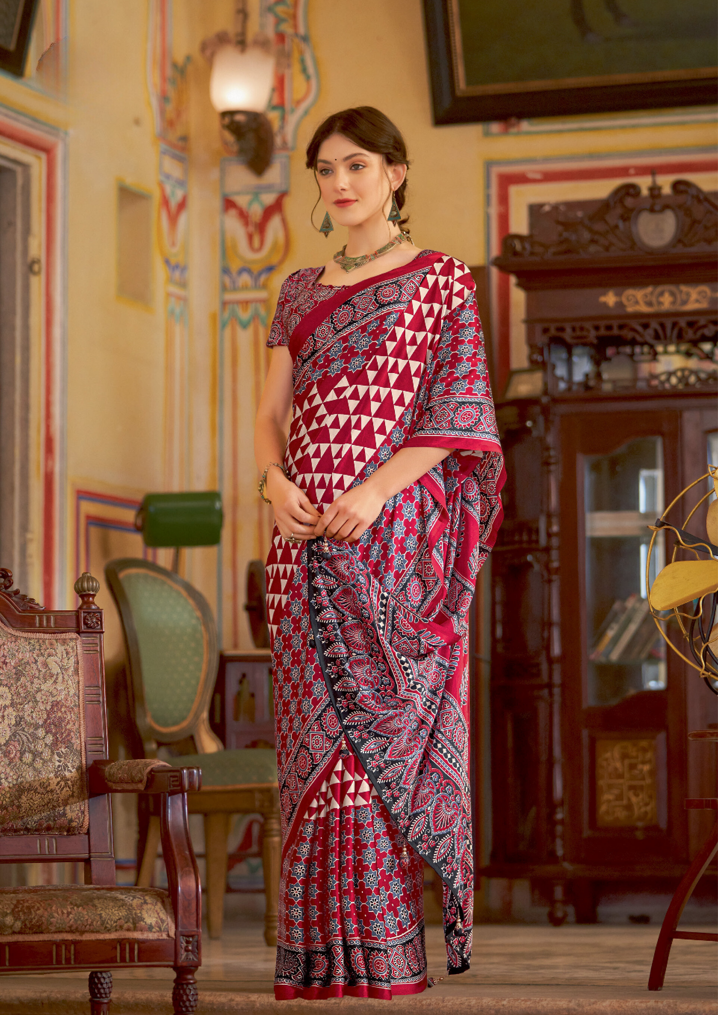 Gorgeous Red Geometric Pattern Satin Saree - SaviDurga