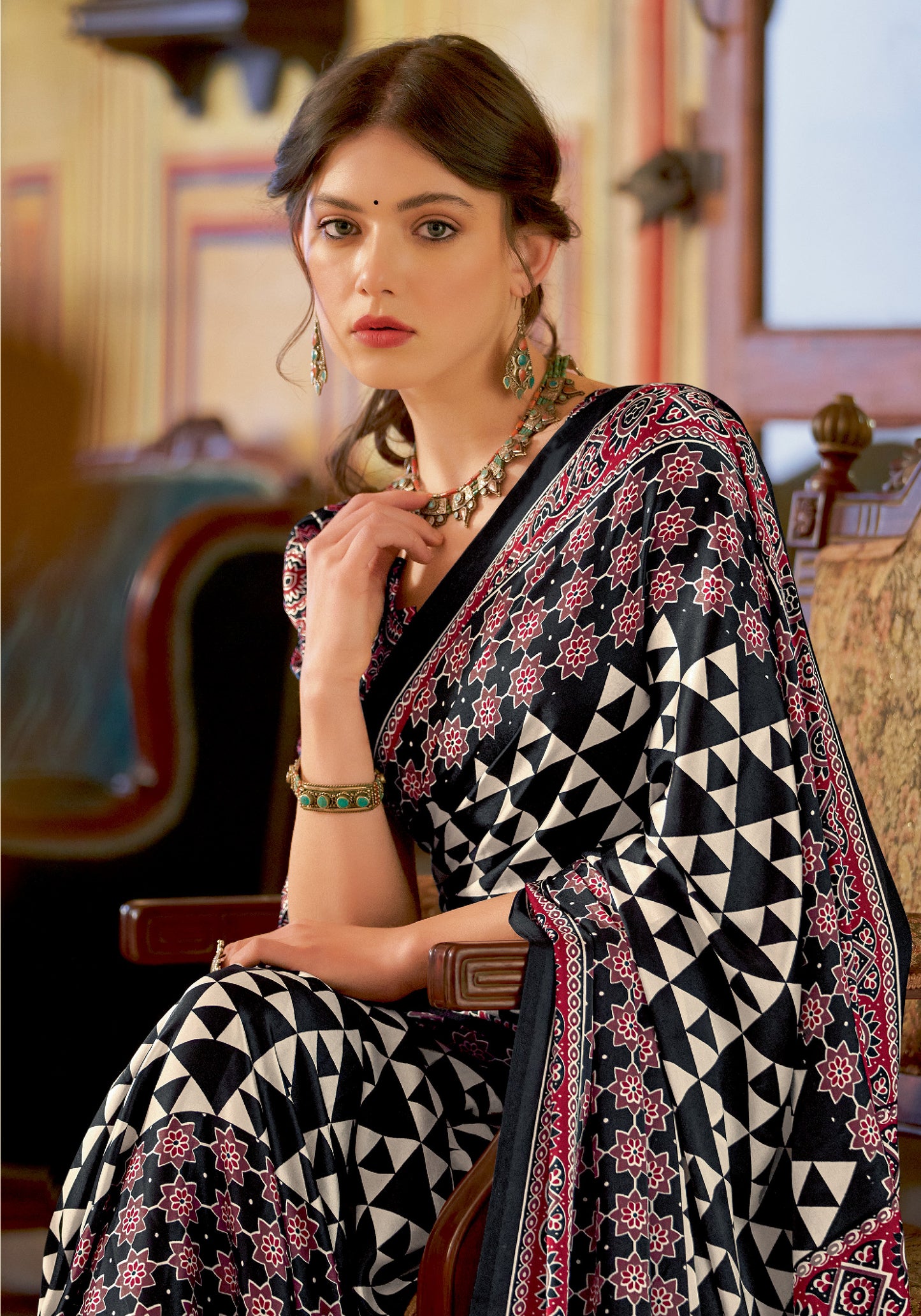 White and Black Geometric Pattern Satin Saree - SaviDurga