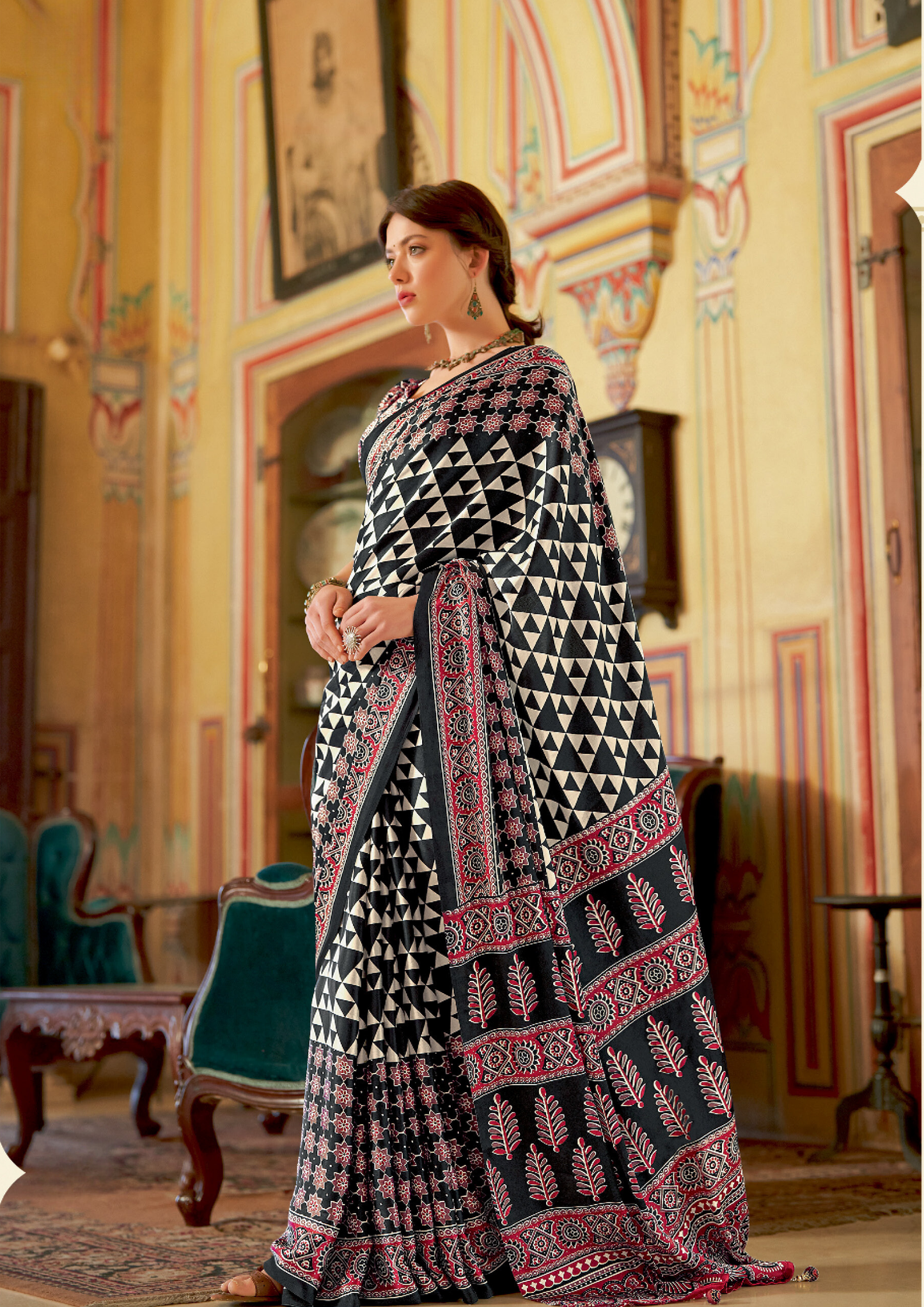 White and Black Geometric Pattern Satin Saree - SaviDurga