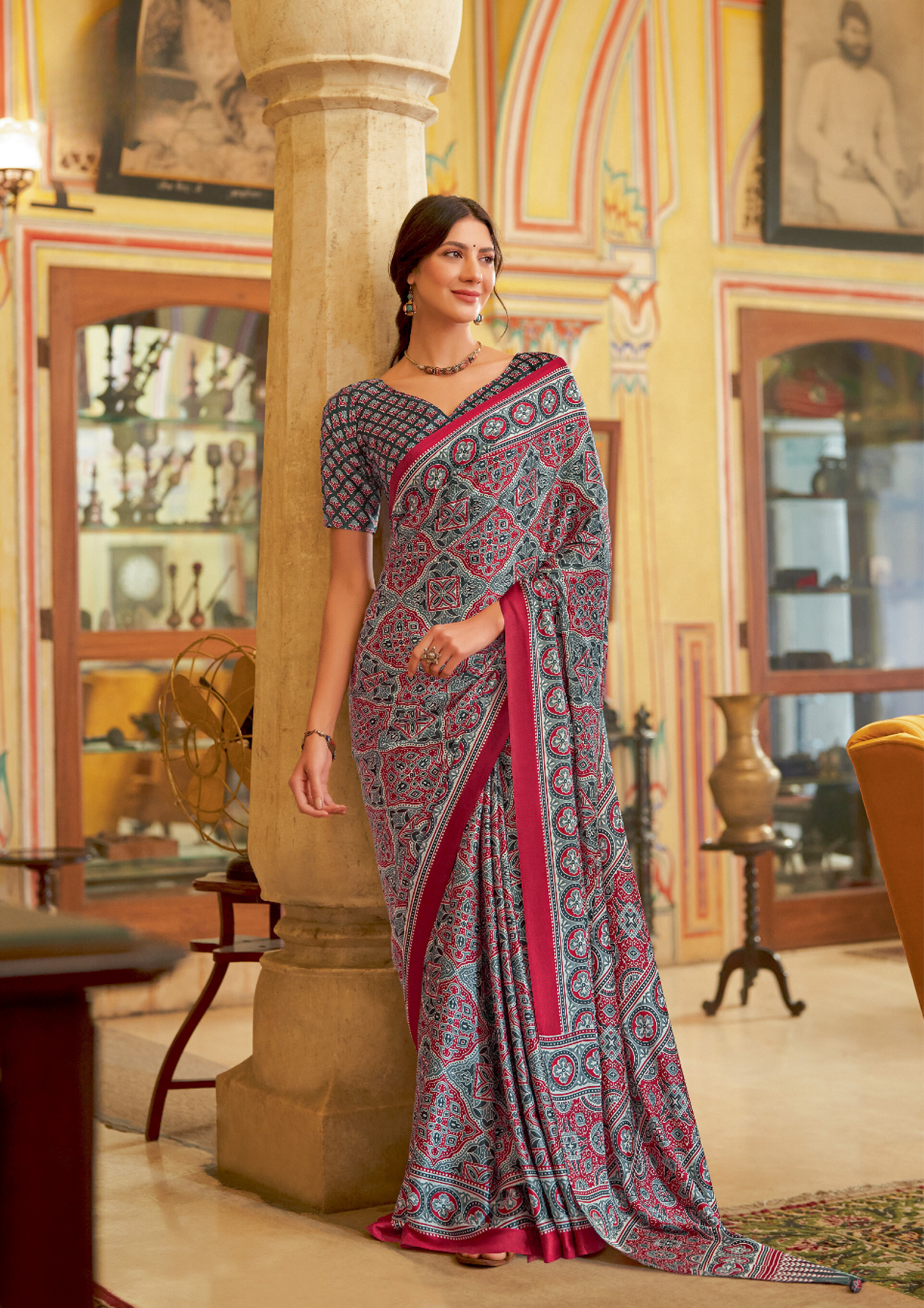 Ajrakh Pattern Satin Saree - SaviDurga