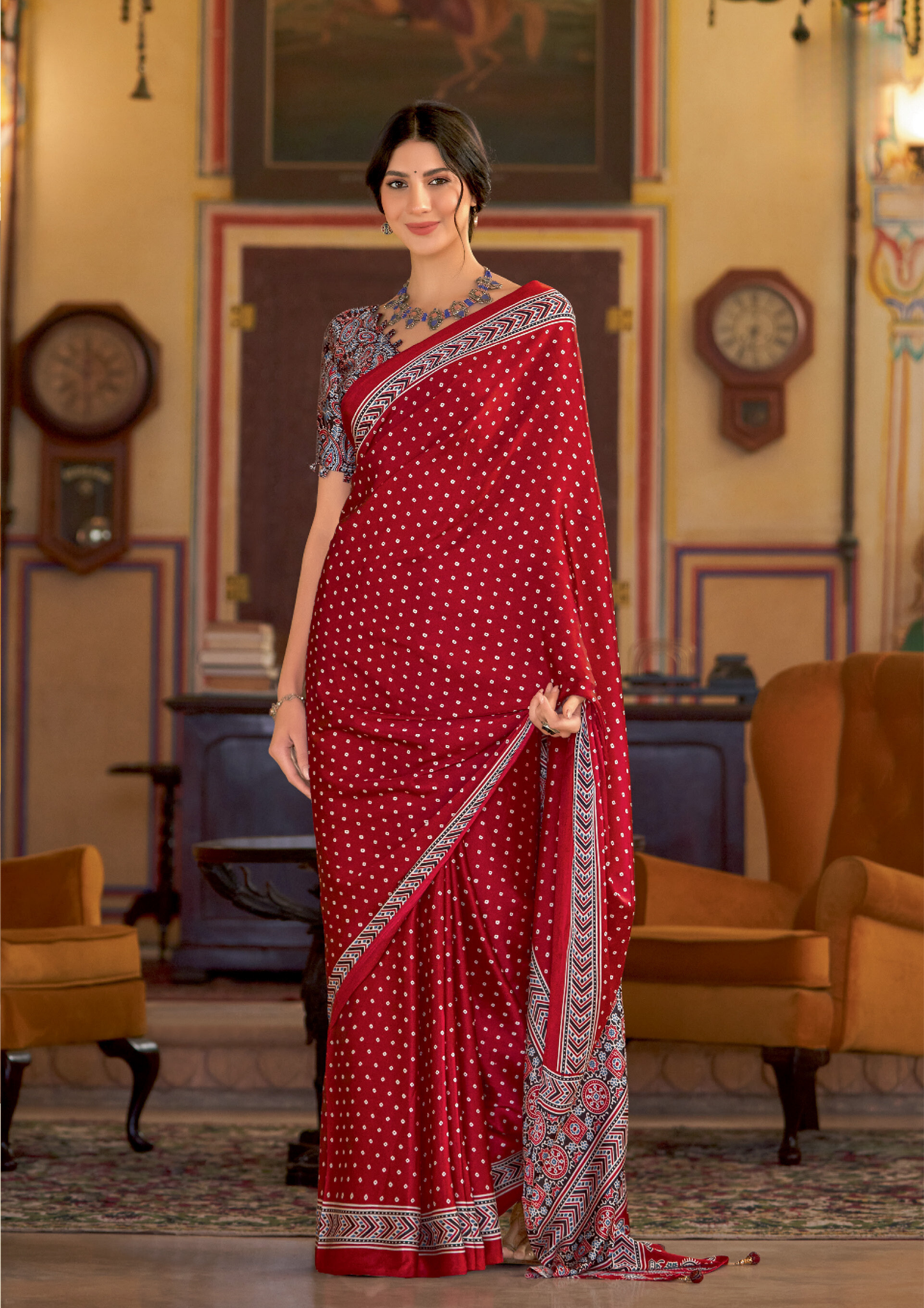 Elegant Ajrakh print Red Saree