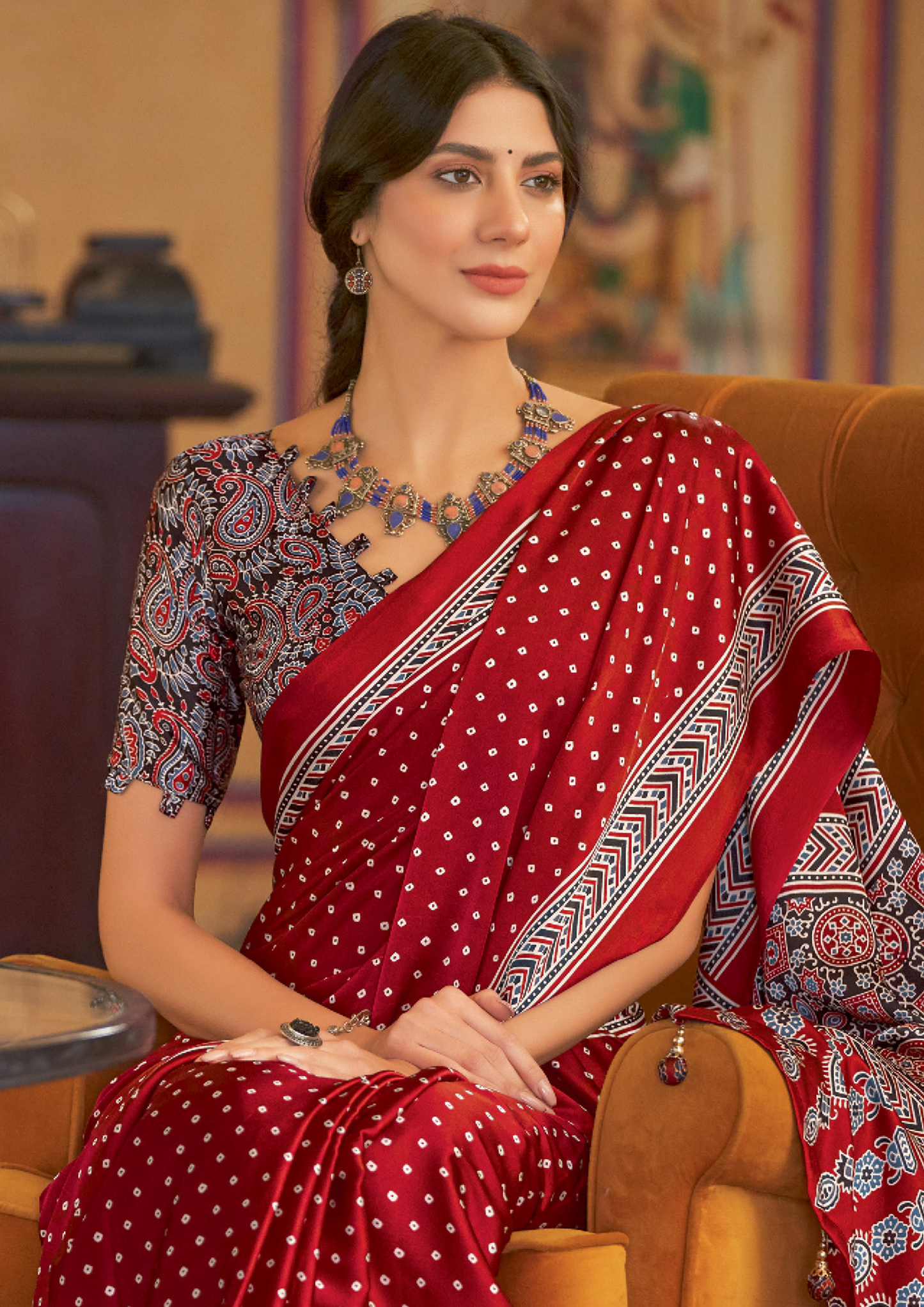 Elegant Ajrakh print Red Saree