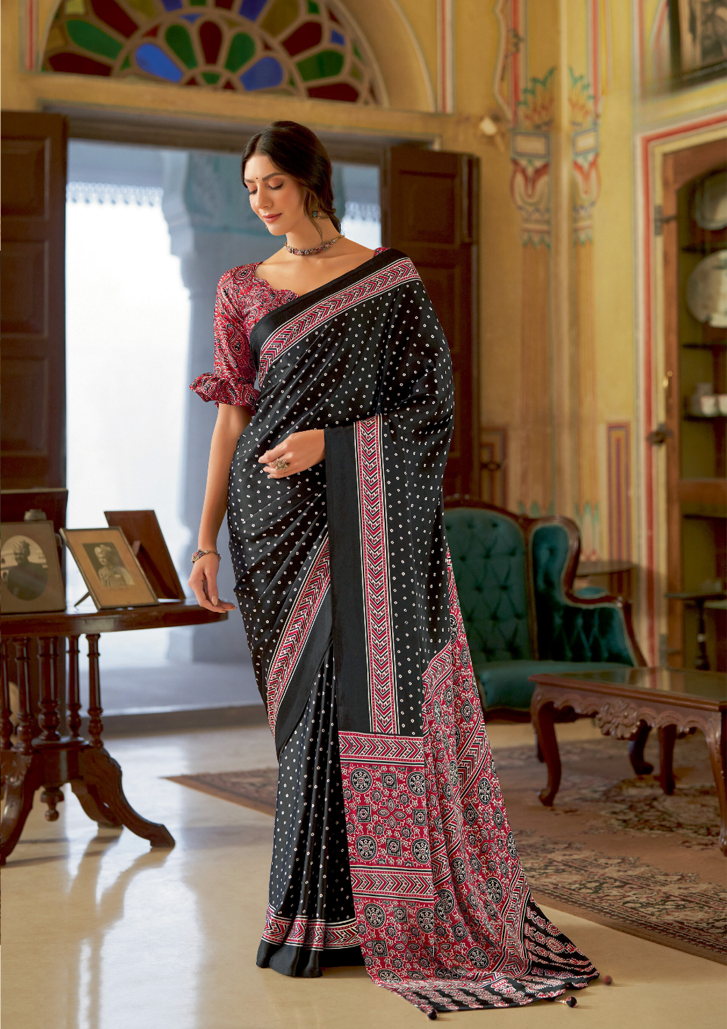 Elegant Ajrakh print Black Saree