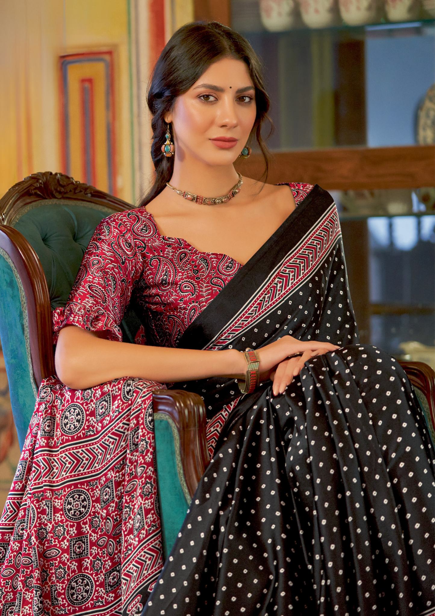 Elegant Ajrakh print Black Saree