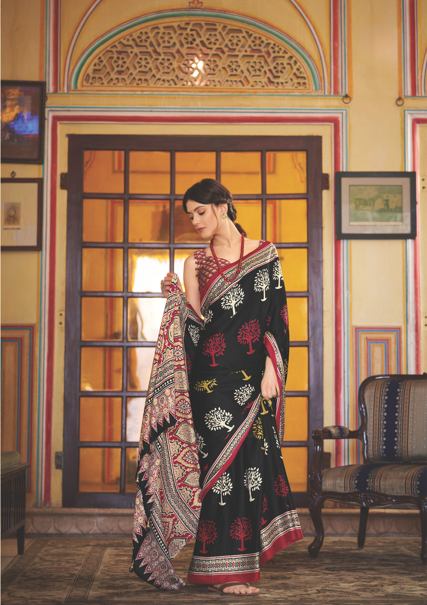 Beautiful Tree Print Satin Saree - SaviDurga