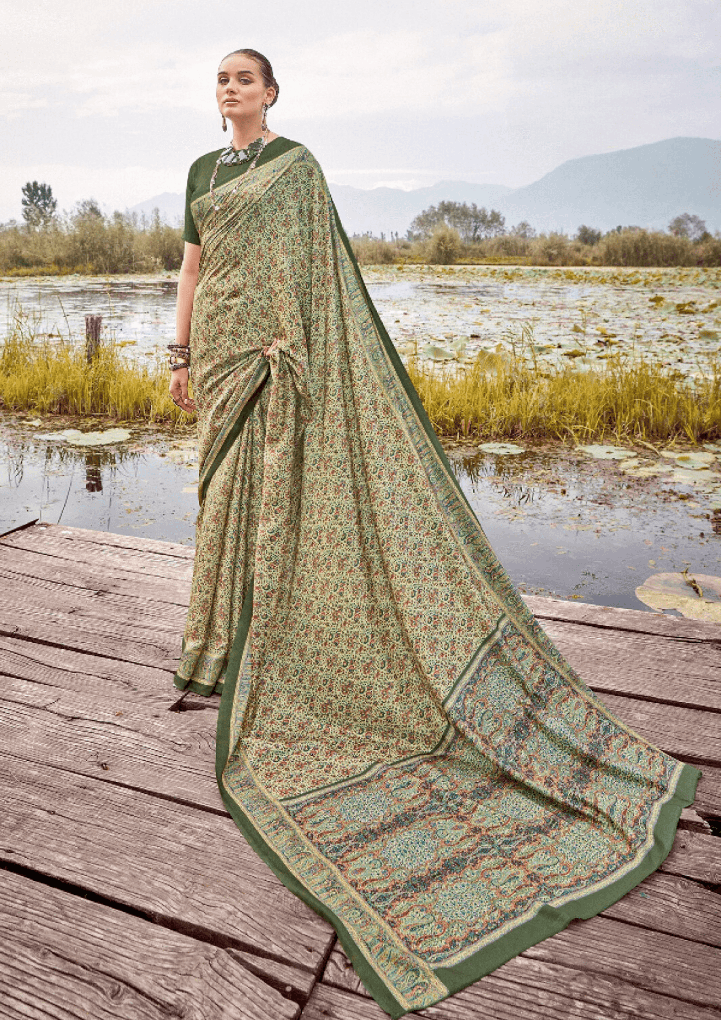 Saree Olive Green Pashmina Print Saree - SaviDurga