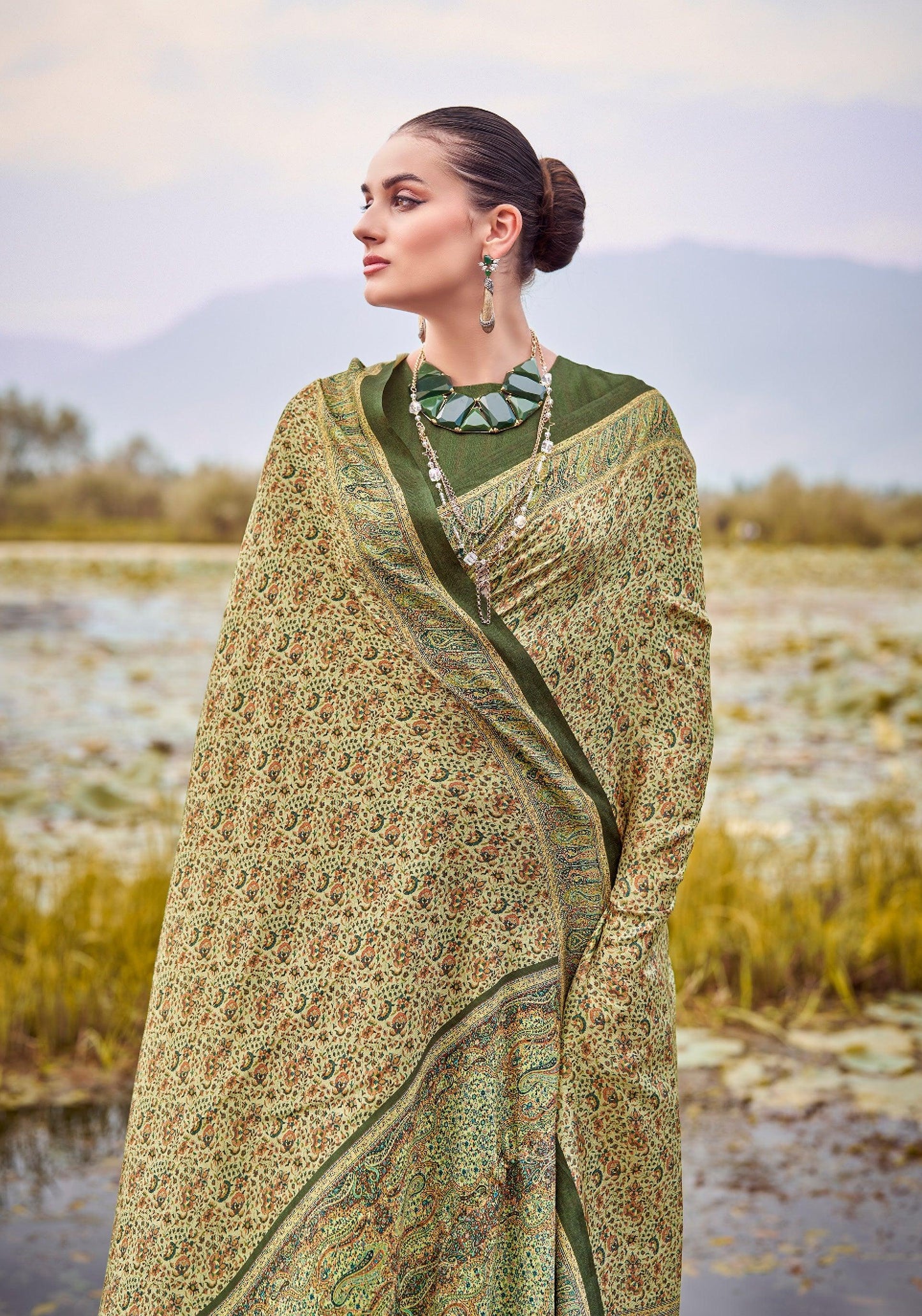 Saree Olive Green Pashmina Print Saree - SaviDurga