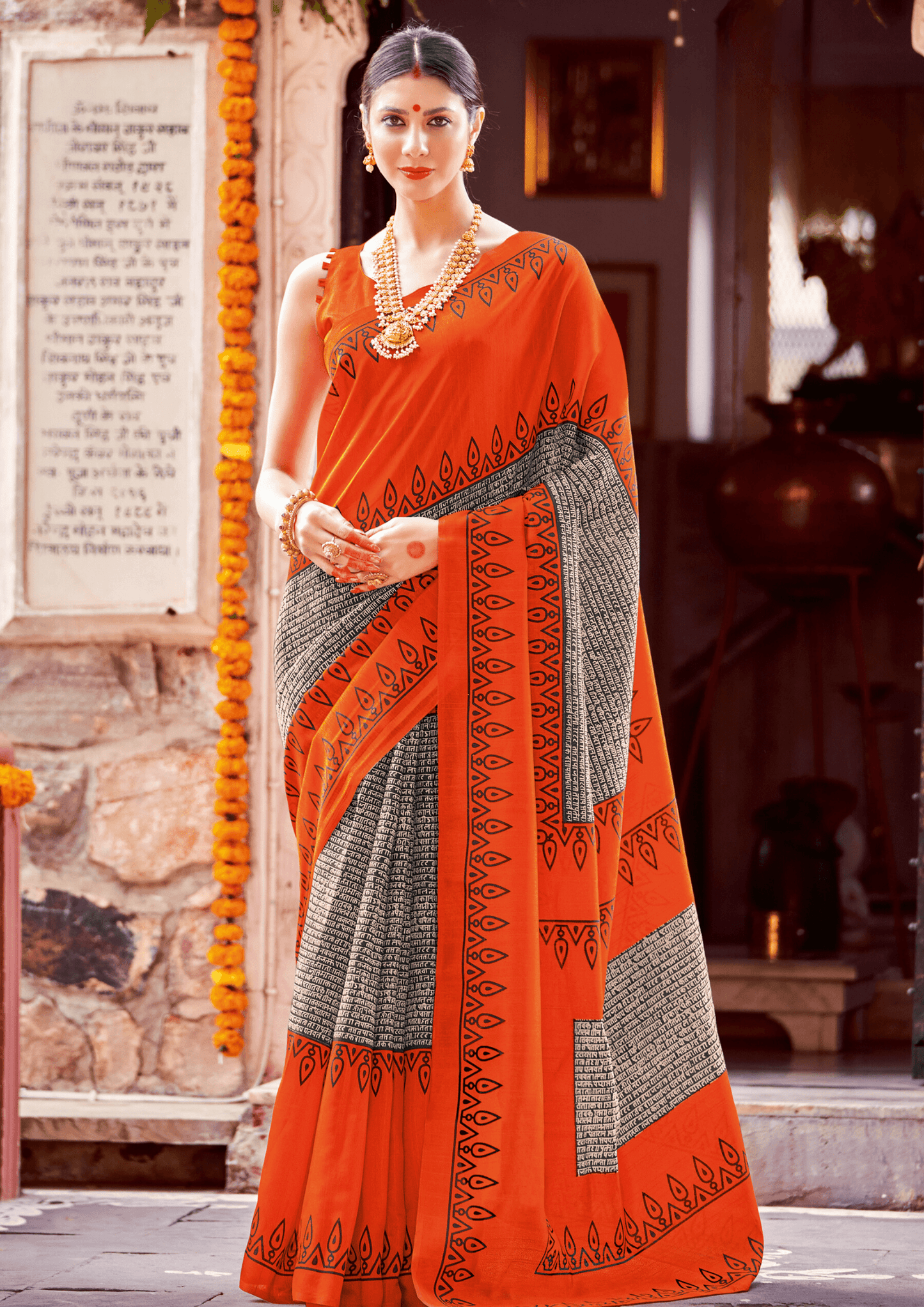 Saree Orange Saree with Black Detailing - SaviDurga