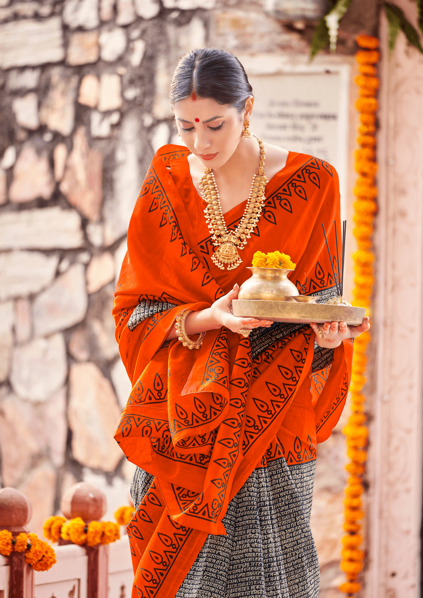 Saree Orange Saree with Black Detailing - SaviDurga