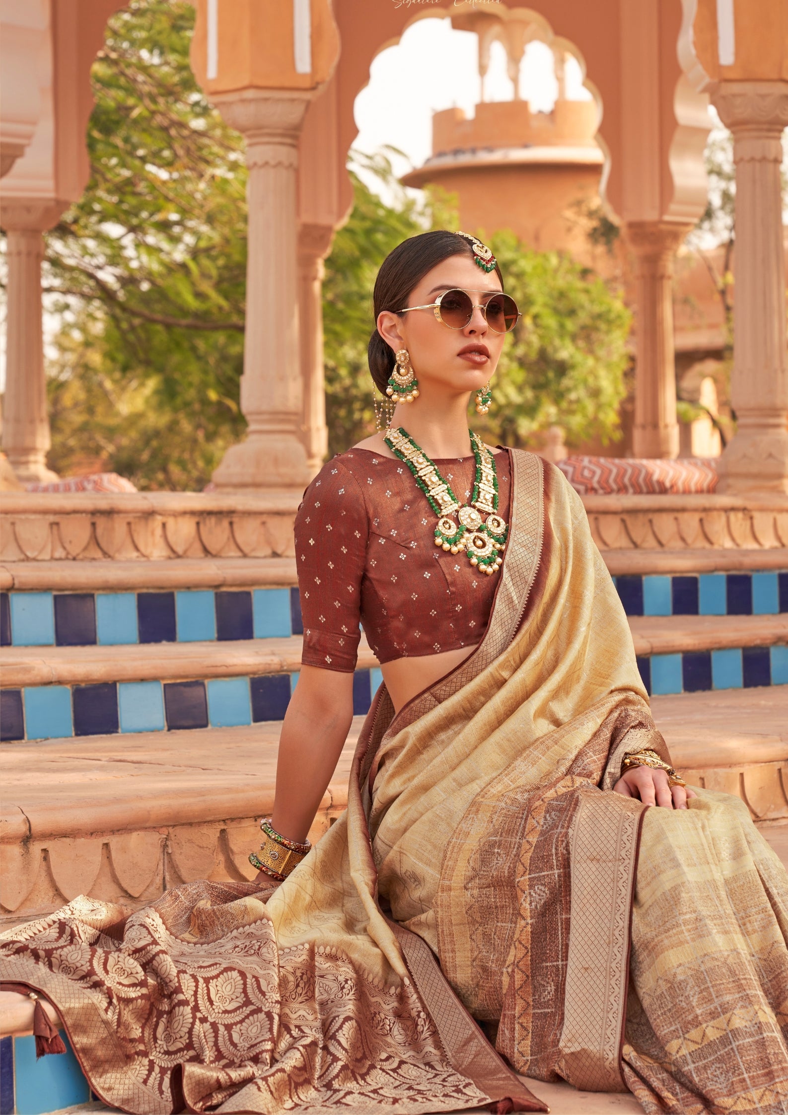 PV Silk With Magnum Foil Work Beige Saree