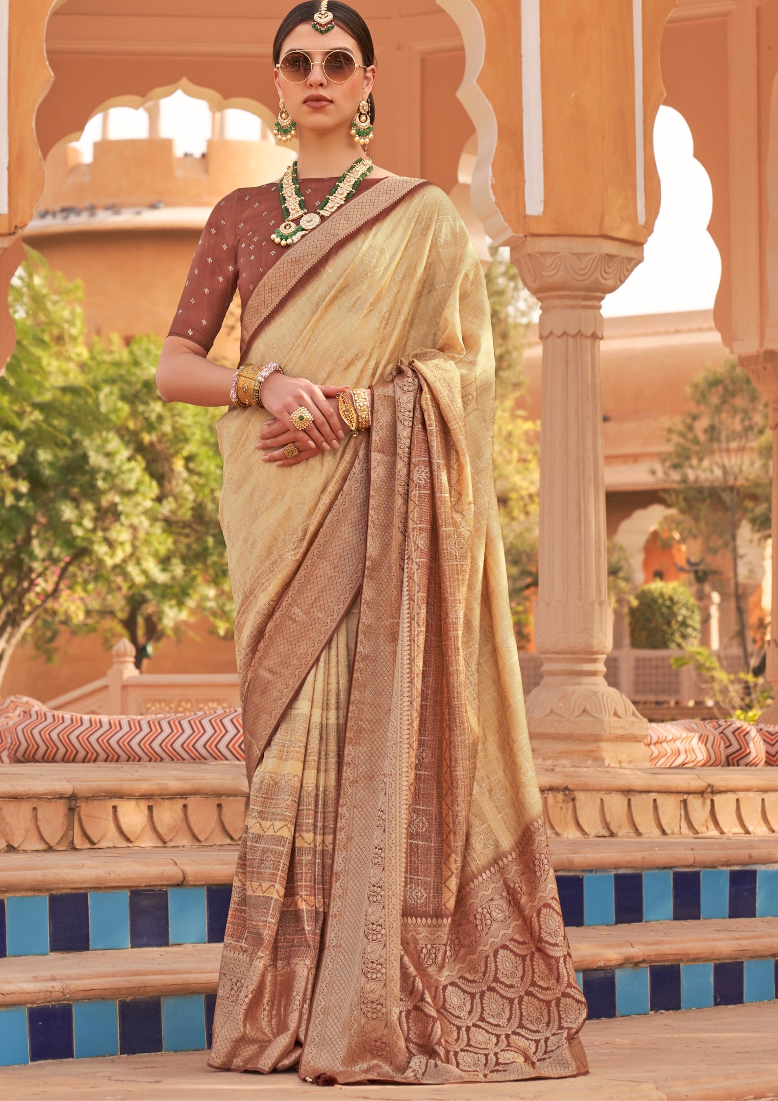 PV Silk With Magnum Foil Work Beige Saree