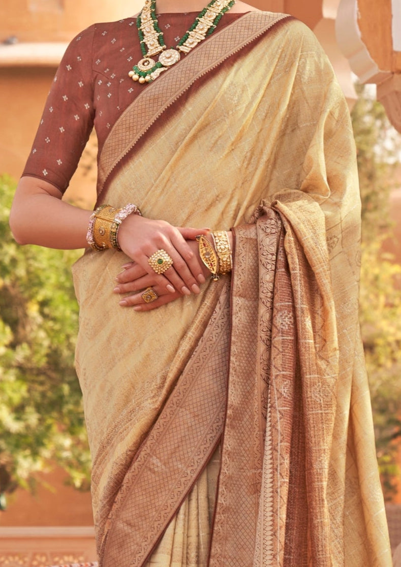 PV Silk With Magnum Foil Work Beige Saree
