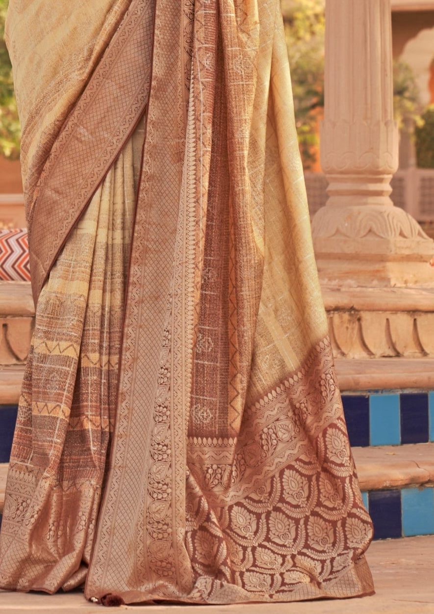 PV Silk With Magnum Foil Work Beige Saree