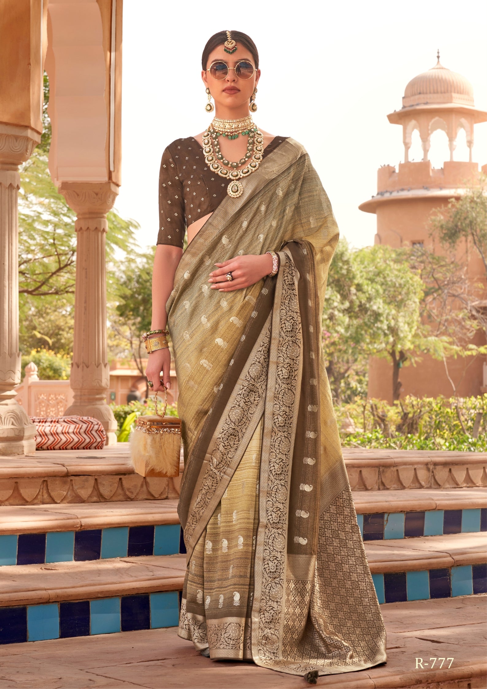 PV Silk With Magnum Foil Work Olive Green Saree