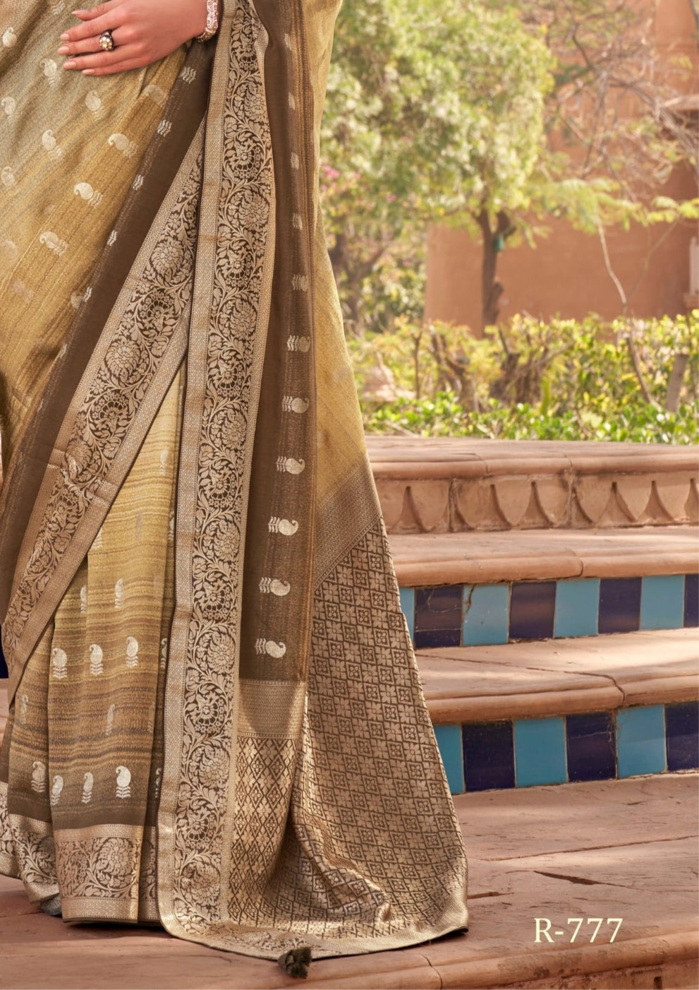 PV Silk With Magnum Foil Work Olive Green Saree