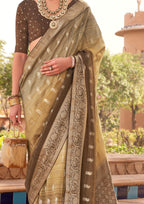 PV Silk With Magnum Foil Work Olive Green Saree