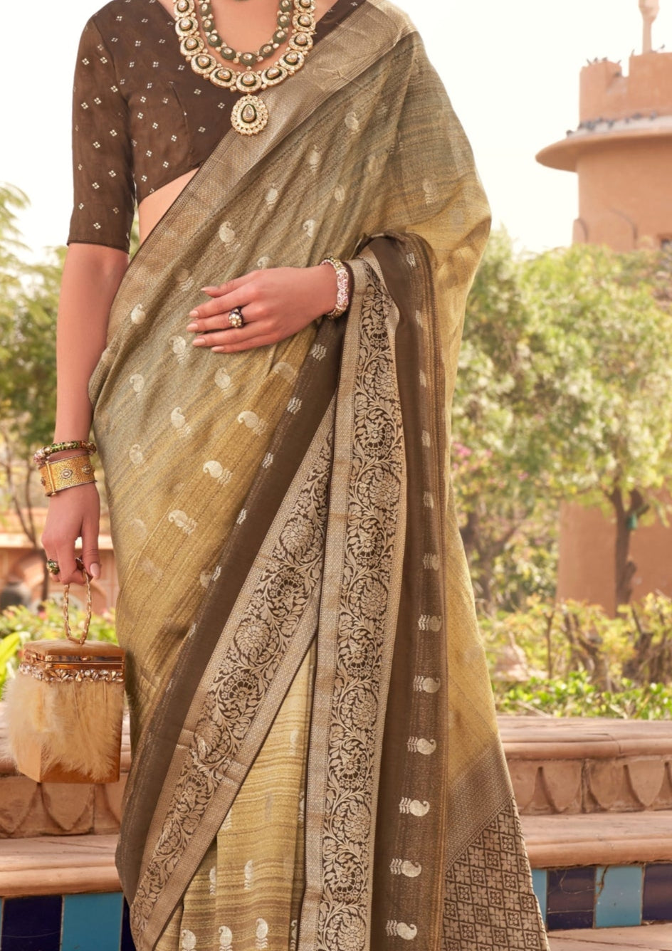 PV Silk With Magnum Foil Work Olive Green Saree