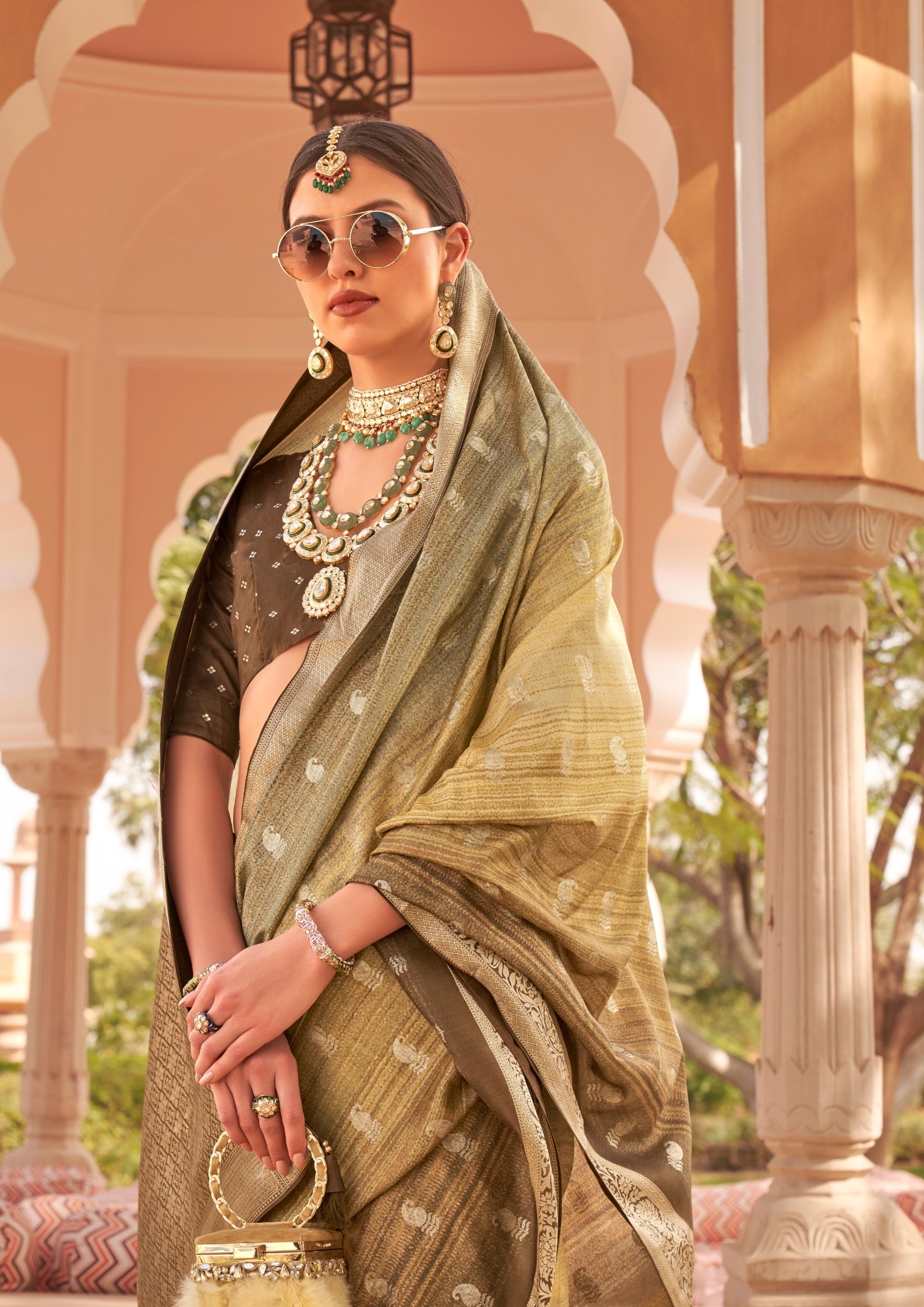 PV Silk With Magnum Foil Work Olive Green Saree