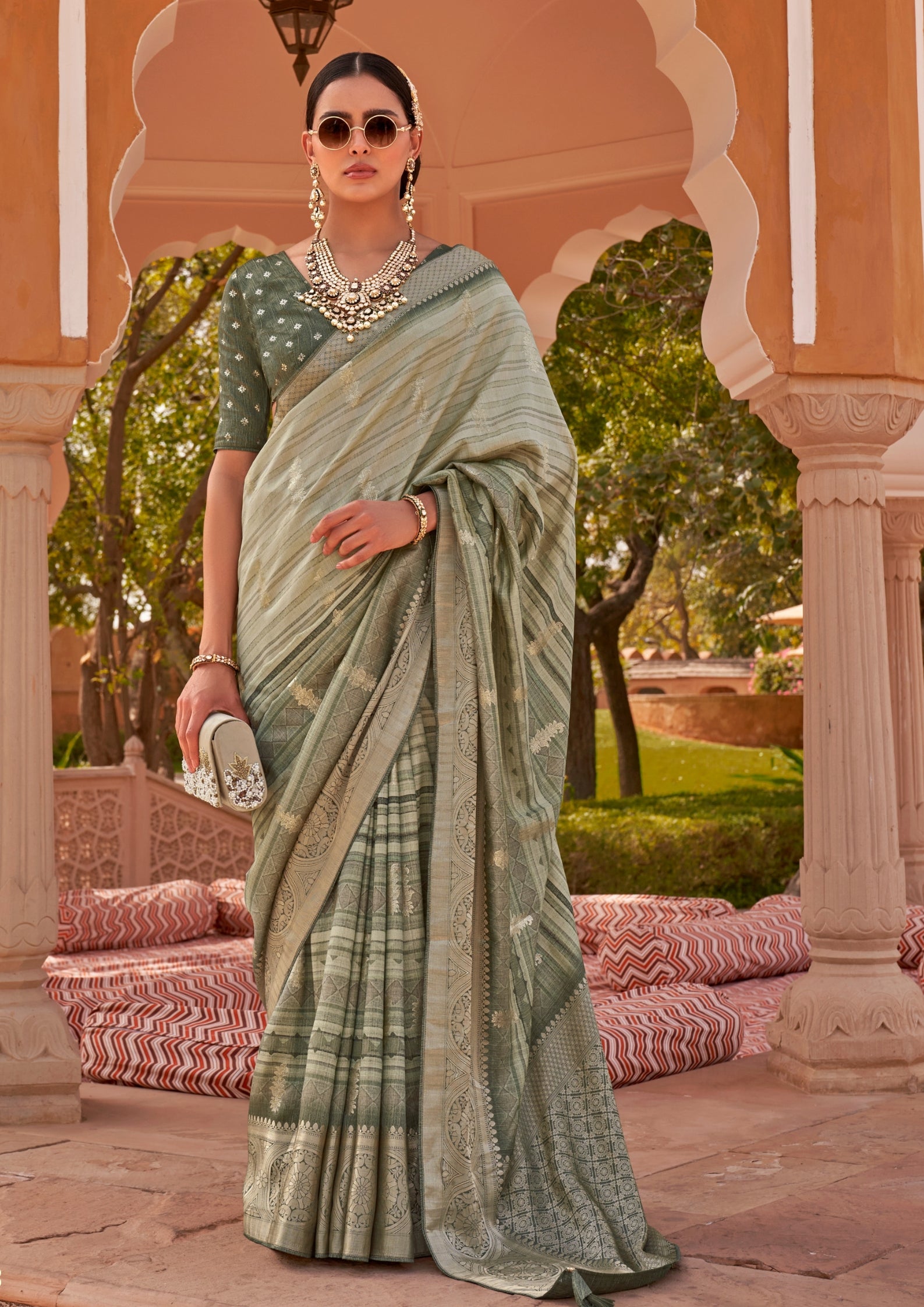 PV Silk With Magnum Foil Work Sage Green Saree