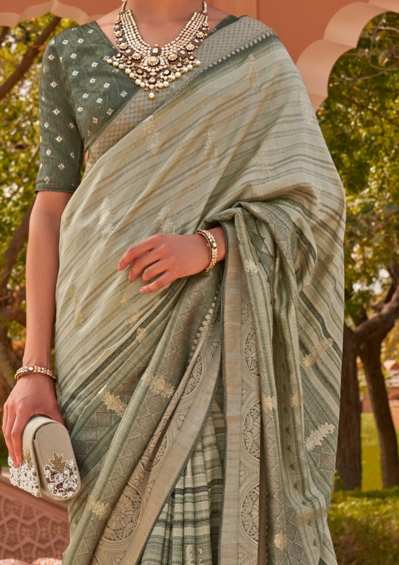 PV Silk With Magnum Foil Work Sage Green Saree