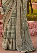 PV Silk With Magnum Foil Work Sage Green Saree