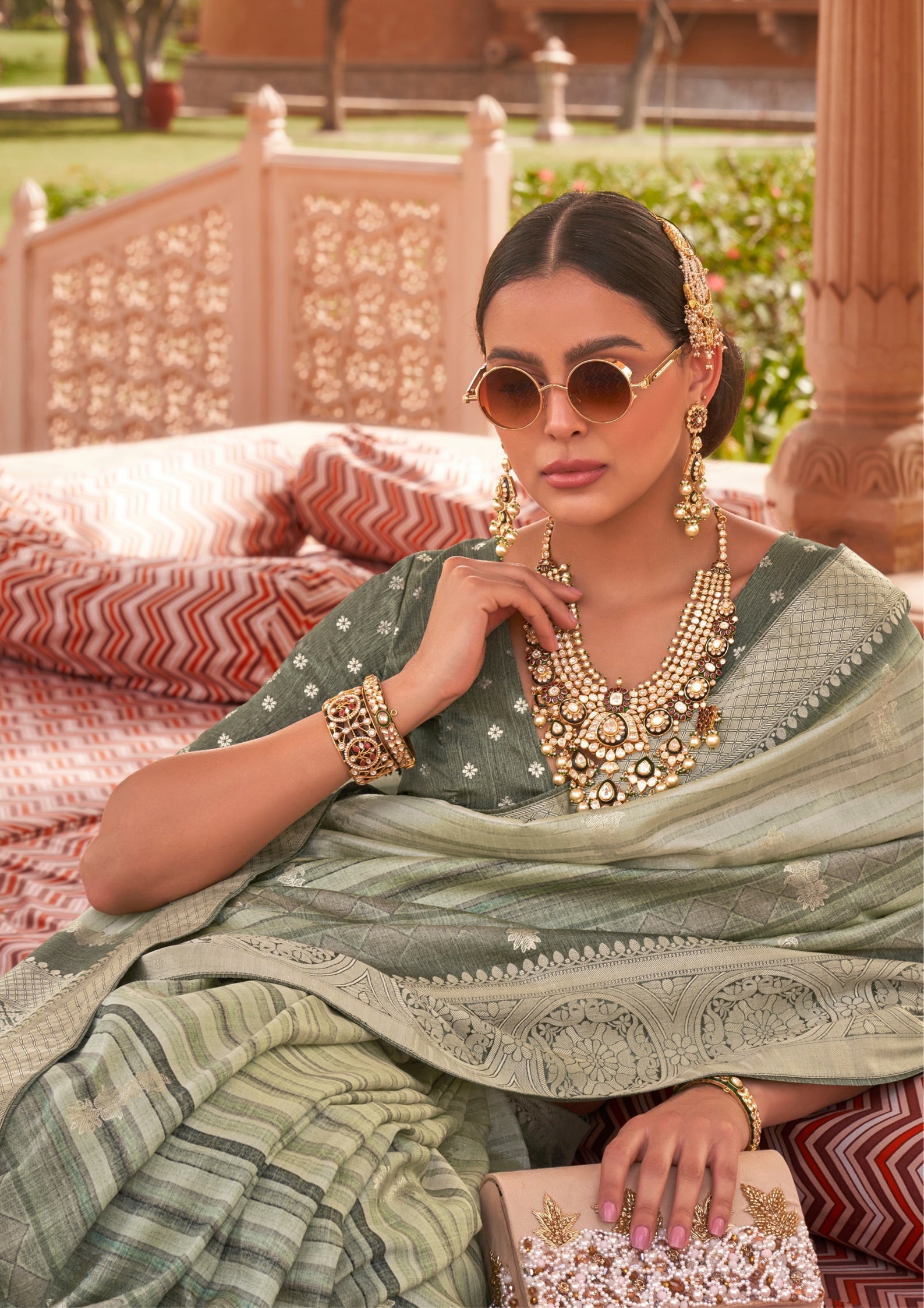 PV Silk With Magnum Foil Work Sage Green Saree