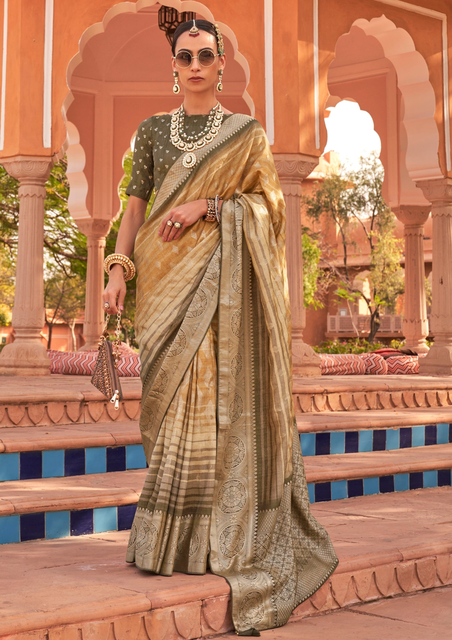 PV Silk With Magnum Foil Work Bronze Saree