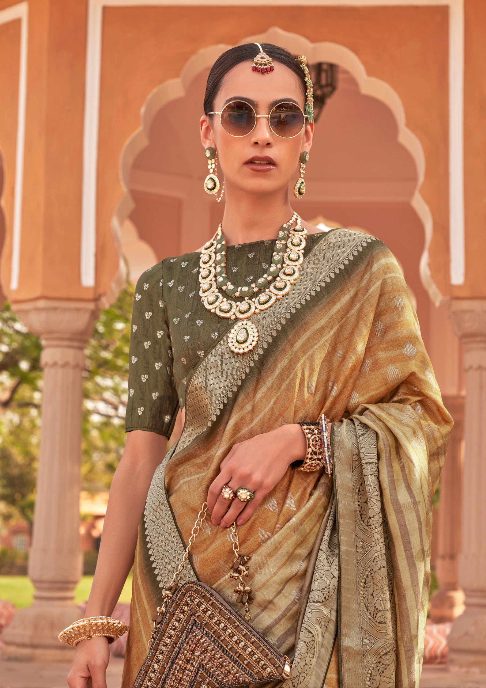 PV Silk With Magnum Foil Work Bronze Saree