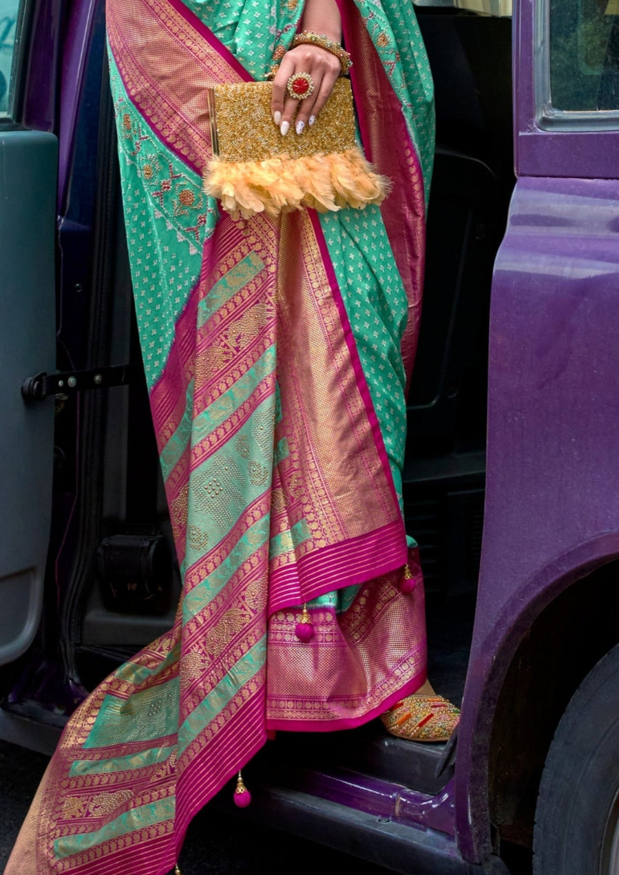 PV Silk Stud Work Turquoise Green Saree With Contrast Border