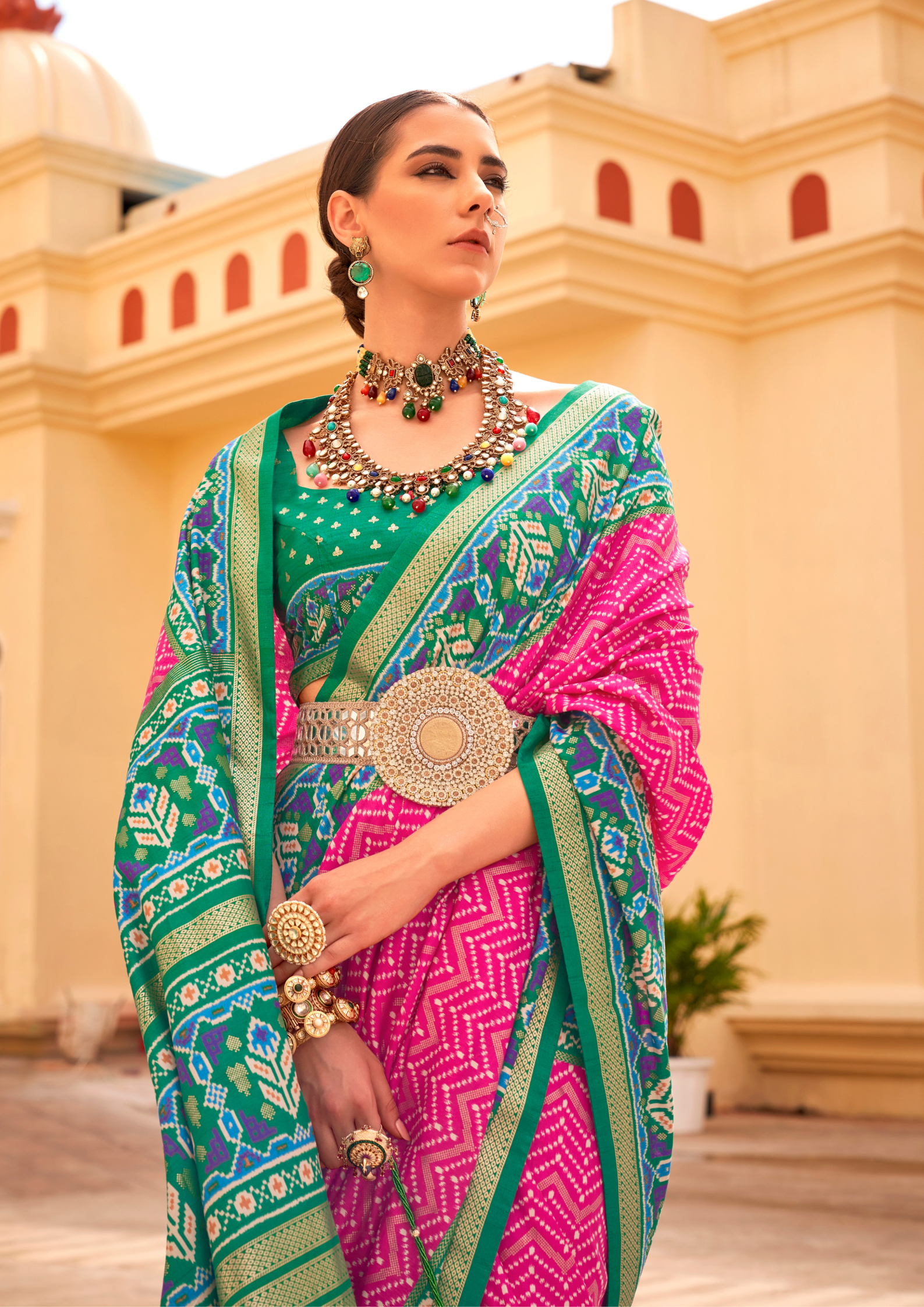 PV Silk Patola Design Deep Pink Saree With Contrast Border