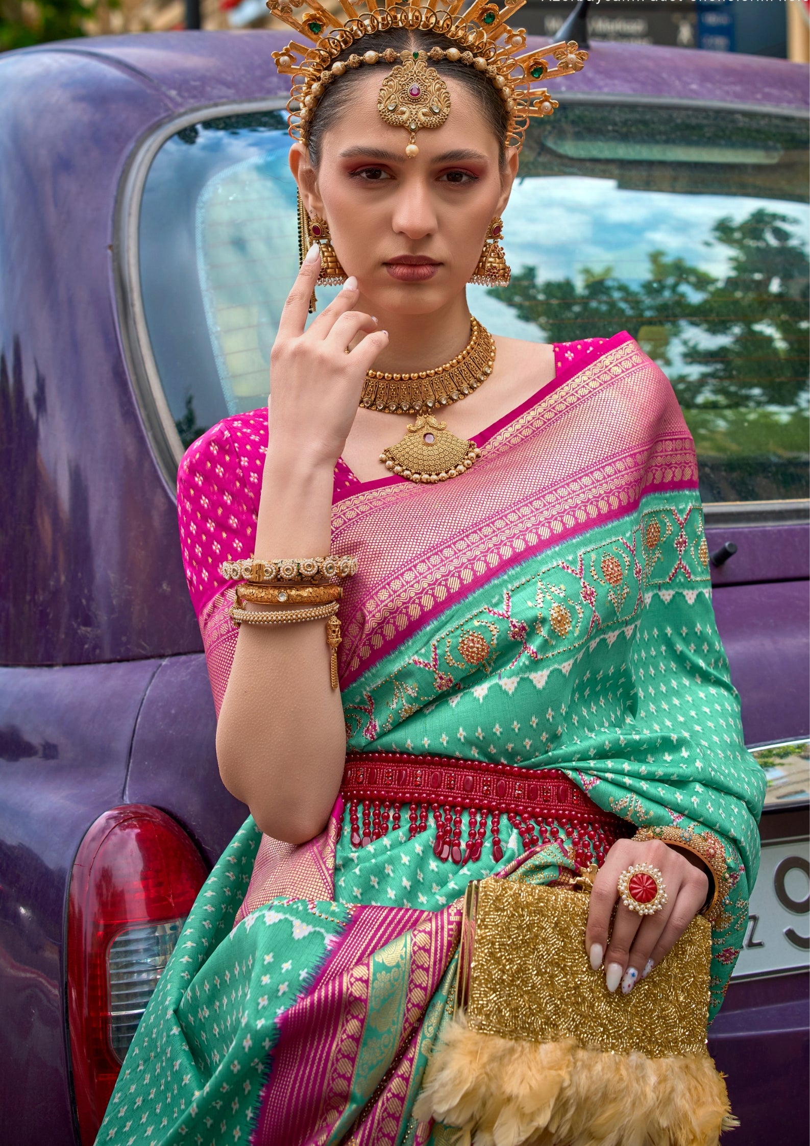 PV Silk Stud Work Turquoise Green Saree With Contrast Border