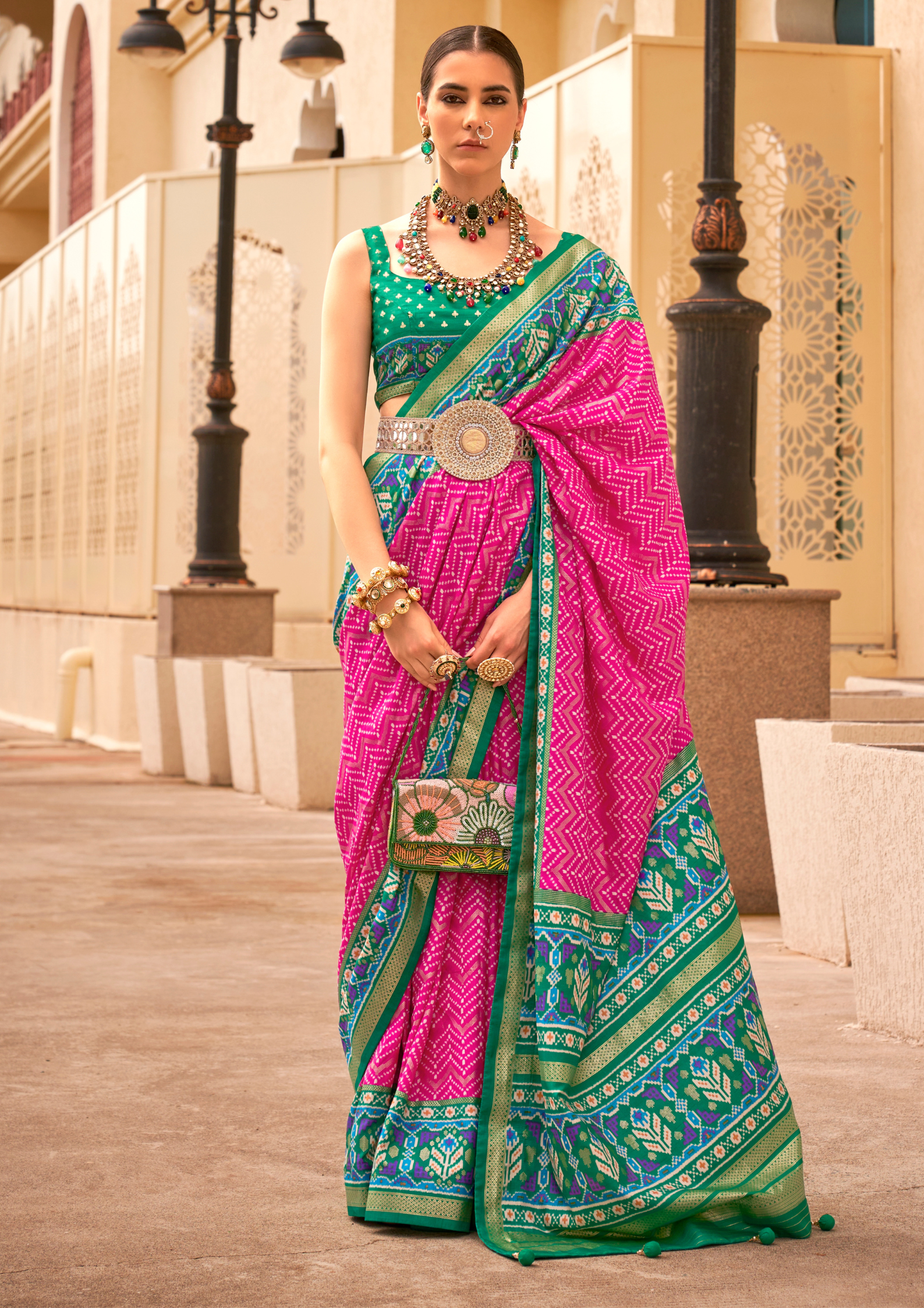 PV Silk Patola Design Deep Pink Saree With Contrast Border