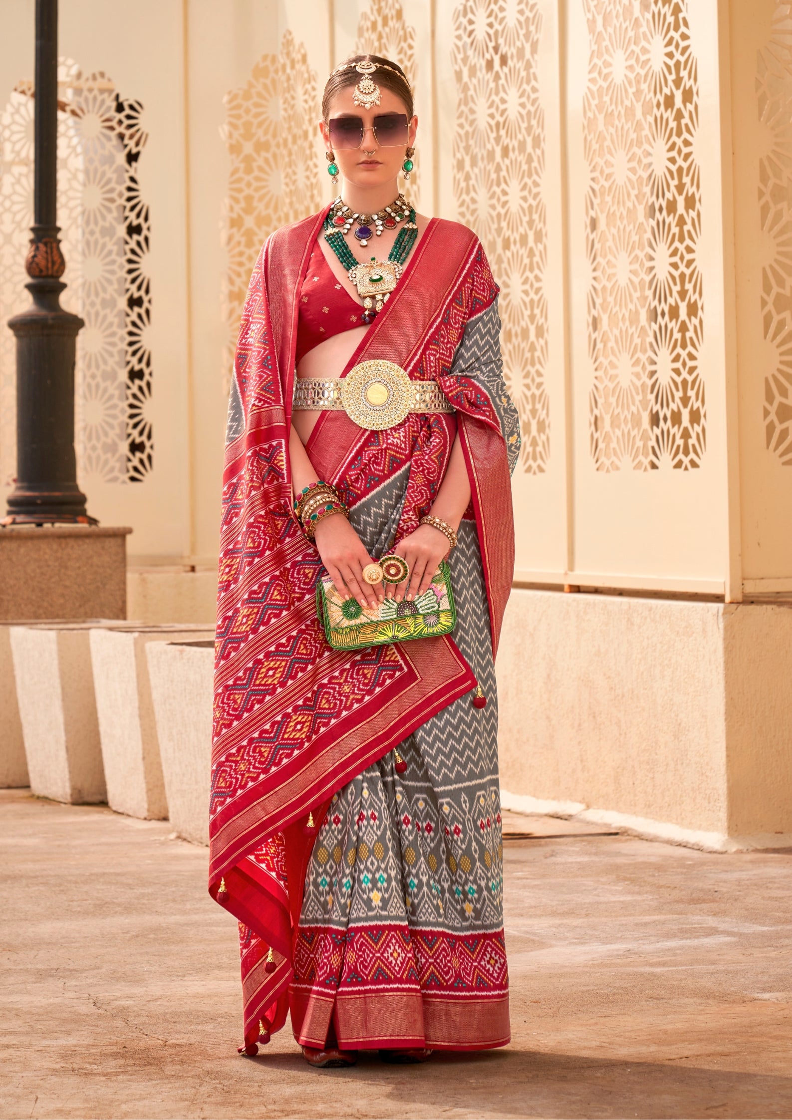 PV Silk Patola Design Grey Saree With Contrast Border
