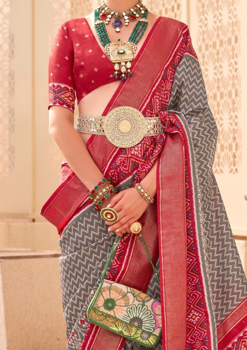 PV Silk Patola Design Grey Saree With Contrast Border